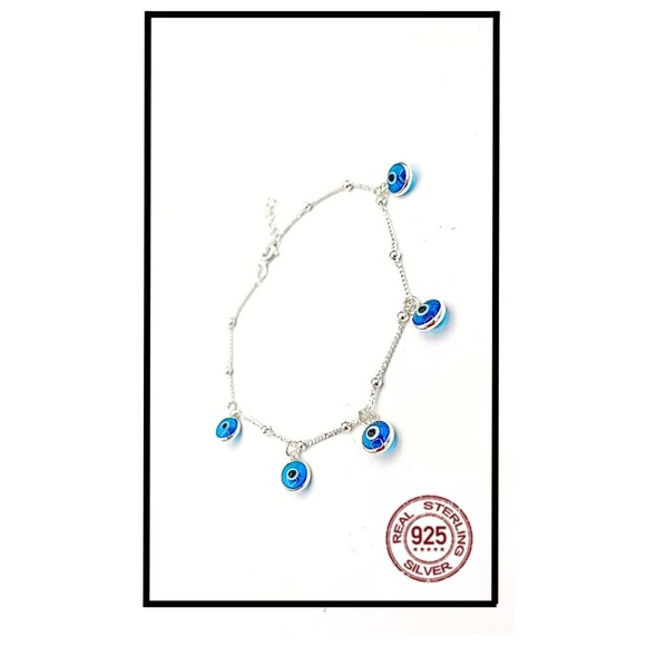 Sterling Silver Anklet with Evil Eye Charms - Picture 2 of 3